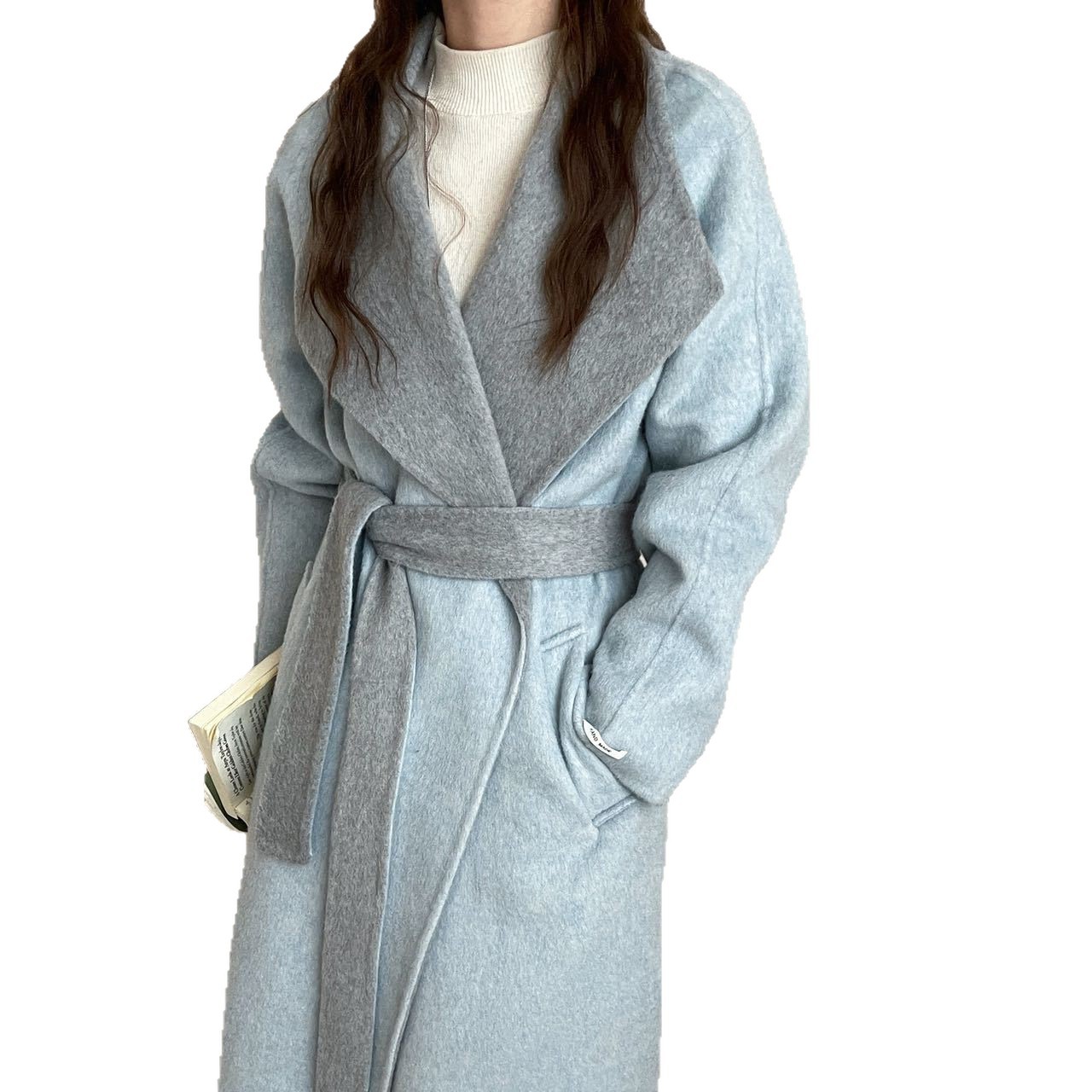 云端触感！秋冬两色大翻领插肩袖系带加长款双面羊毛大衣毛呢外套 - 图3