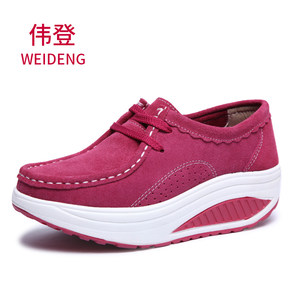 伟登春季新款透气摇摇鞋女真皮韩版休闲厚底豆豆单鞋坡跟妈妈鞋女