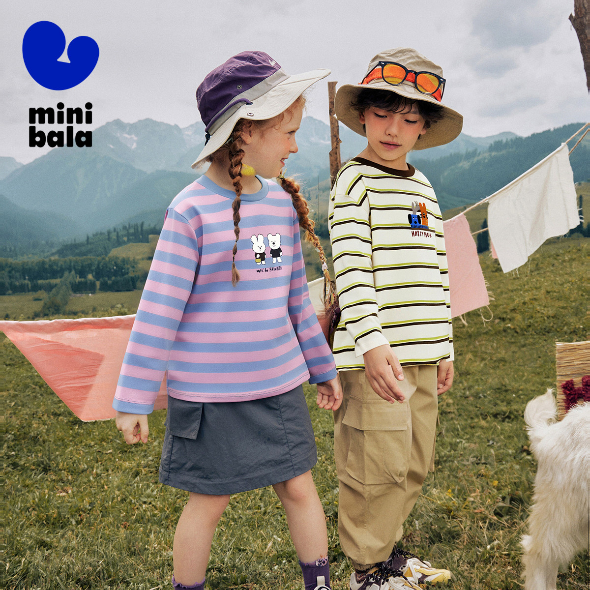 迷你巴拉巴拉男女童长袖T恤2025秋新品条纹儿童内搭图案T