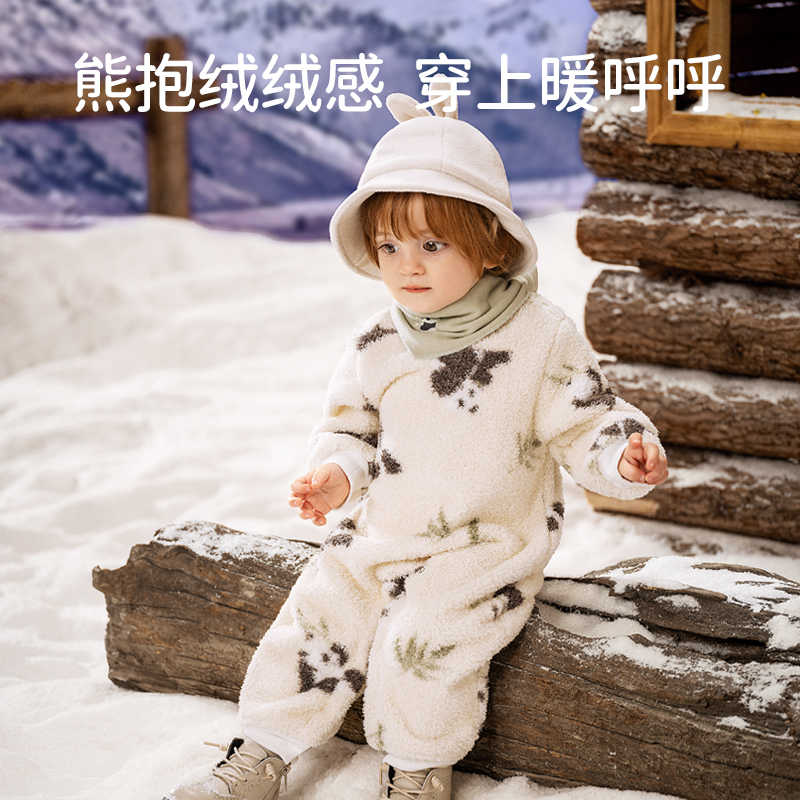 欧孕半边绒婴儿秋冬衣服宝宝连体衣保暖睡衣加绒哈衣家居爬服冬装