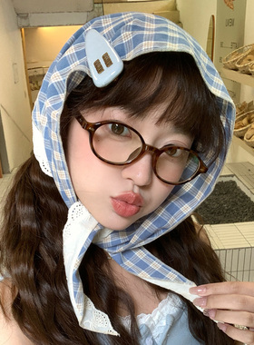 蓝色格子头巾女夏季海边沙滩包头三角巾法式复古田园风防晒丝巾潮