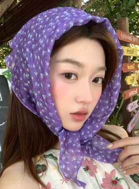 小清新碎花头巾女文艺复古三角巾防晒遮阳装饰围巾紫色田园风ins