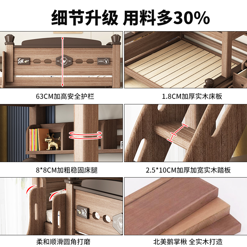 全实木儿童鹅掌楸木美式母子高低床 隆森堡高低/子母床