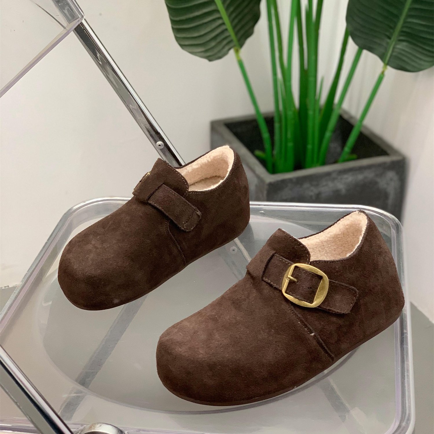 秋冬新款厚底圆头勃肯鞋女2025年加绒一脚蹬复古内增高磨砂休闲鞋,淘宝优惠券,粉丝福利购,淘宝优惠卷