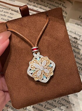 新中式国风旗袍描金珐琅长款镂空花丝项坠毛衣链项链配饰情侣男女