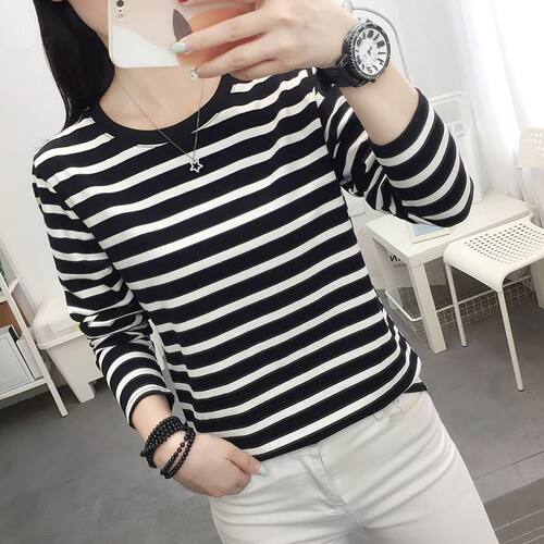 2026新款纯棉长袖T恤女早秋装上衣服宽松大码条纹秋衣打底衫外穿 - 图3