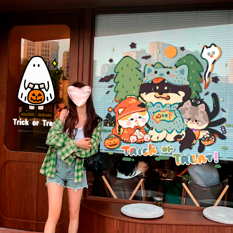 Ins卡通万圣节装饰玻璃门贴纸店铺橱窗氛围布置创意静电窗花贴画 - 图0