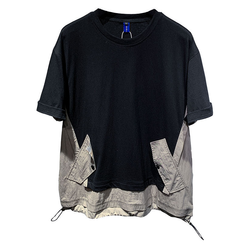 TELINLU日系设计师潮牌短袖t恤衫男梭织拼料撞色个性休闲体恤夏