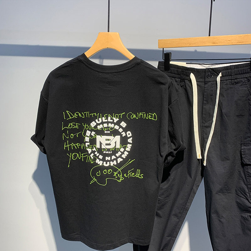 乔典夏季时尚阔版后背印花设计感短袖T恤男个性休闲拼料套头上衣