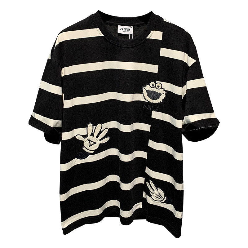 潮流条纹拼接百搭绣花设计个性体恤圆领上衣夏季男士宽松短袖T恤