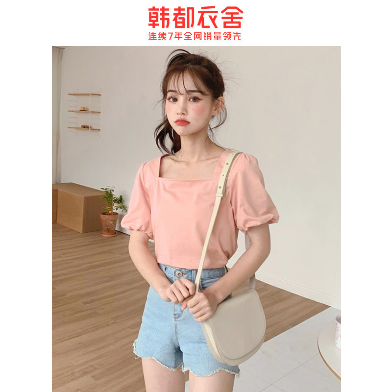 韩都衣舍2020夏新款法式方领女t恤 韩都衣舍秀衣莲T恤