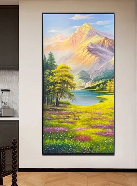 大尺寸湖山鹿静玄关装饰油画入户走廊复刻手绘肌理画书房挂画