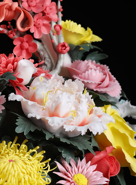 东方泥土《富贵百花蓝》陶瓷摆件