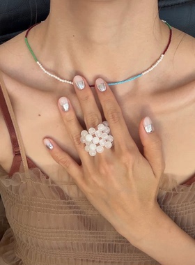 小众设计师款天然珍珠天然石戒指手链韩女冷淡感手工手环戒圈