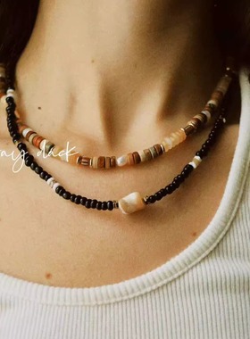 黑沙滩碎片*天然石马蹄螺贝壳串珠碎片度假风项链黑色百搭锁骨链