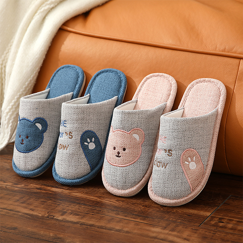 可爱卡通熊棉拖鞋女秋冬季室内家居家用情侣布拖鞋男大童防滑冬天 - 图0