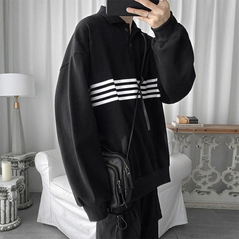 春秋男士新款条纹潮流韩版翻领卫衣 行更远卫衣