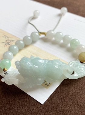 天然翡翠A货貔貅圆珠手牌