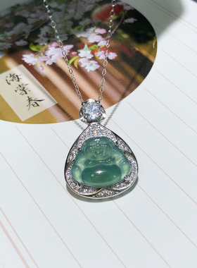 天然翡翠冰种蓝水佛公蝴蝶吊坠