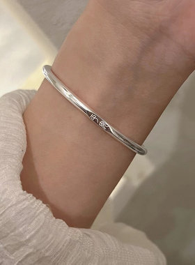 纯银手镯9999小篆平安铃铛福足银手环年轻款七夕送女朋友礼物生日