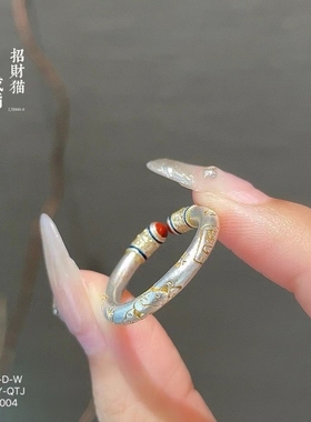 足银9999吉言卷草纹戒指女纯银实心描金雕刻银指环国风女友礼物