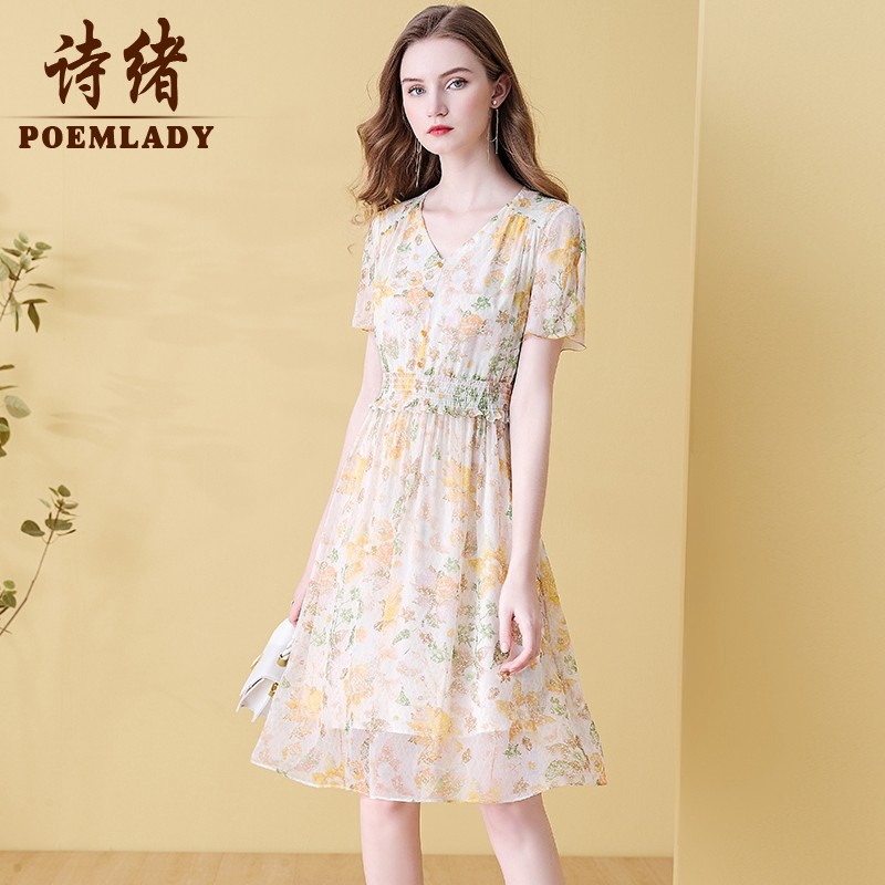 诗绪品牌轻奢100桑蚕丝印花连衣裙 poemlady连衣裙