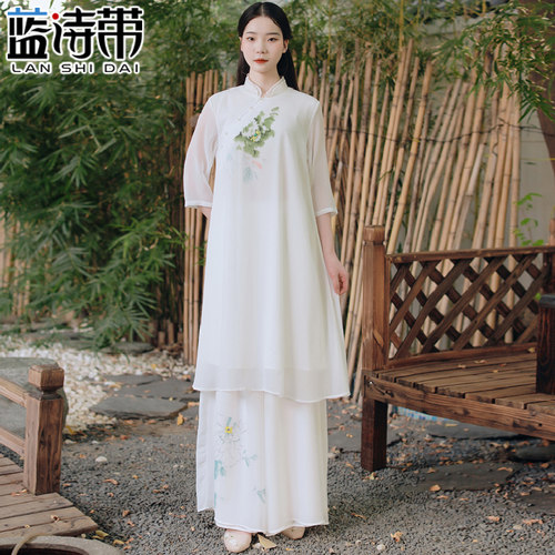 现代茶服中国风佛系衣服女禅意改良旗袍连衣裙汉服唐装阔腿裤套装 - 图0