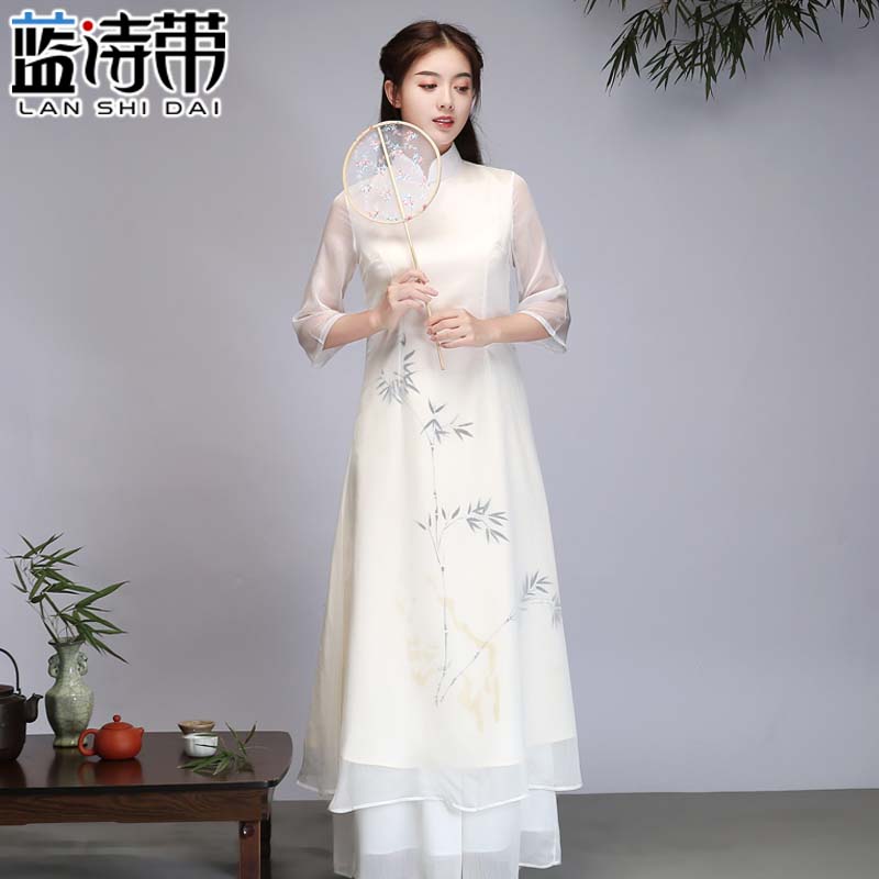 茶服春夏女禅意文艺茶艺服中国风女装复古旗袍仙气白色改良连衣裙 - 图2