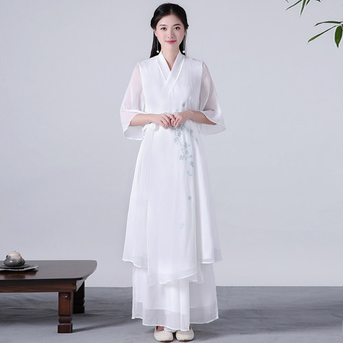 禅修服女中国风春夏复古禅衣茶艺师服装禅意茶服居士服汉服中长款 - 图0