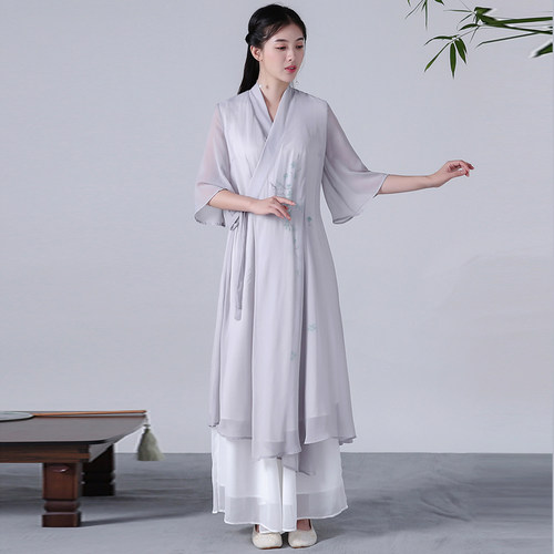 禅修服女中国风春夏复古禅衣茶艺师服装禅意茶服居士服汉服中长款 - 图2