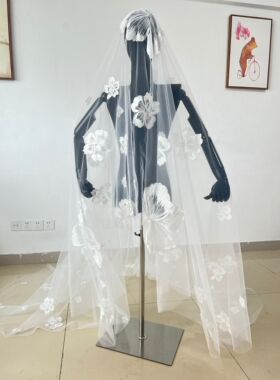尊怡嫁衣新娘复古蕾丝高级感头纱拍照写真长款影楼摄影婚纱照