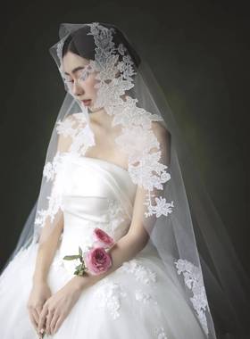 新娘头纱主婚纱森系蕾丝奢华超长款拖尾纱头纱鱼尾婚纱配饰