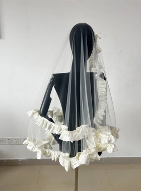 小众设计缎面荷叶边头纱结婚新娘主婚纱头纱旅拍写真礼服造型配饰