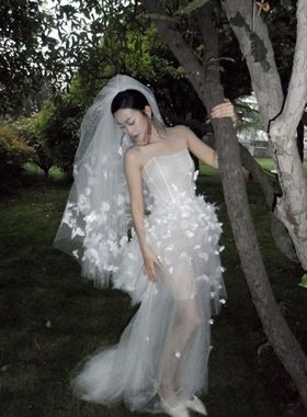 新娘头纱主婚纱森系蕾丝奢华超长款拖尾纱头纱鱼尾婚纱配饰