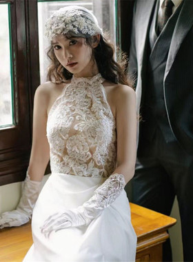 新款法式复古高级感蕾丝帽子头纱新娘化妆婚礼拍照写真头饰森系