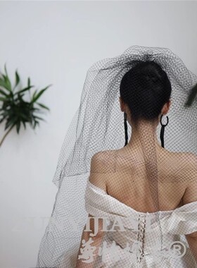 黑色网格蓬蓬头纱新娘通透造型头饰影楼跟妆复古新款森系写真头纱