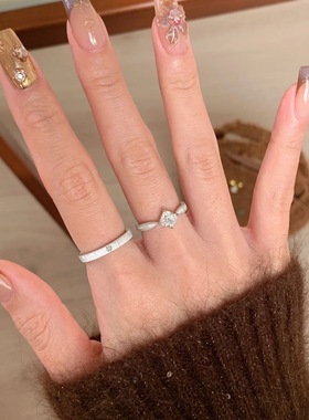 银色拉丝方钻戒指女ins小众设计开口可调节食指戒八芒星情侣指环