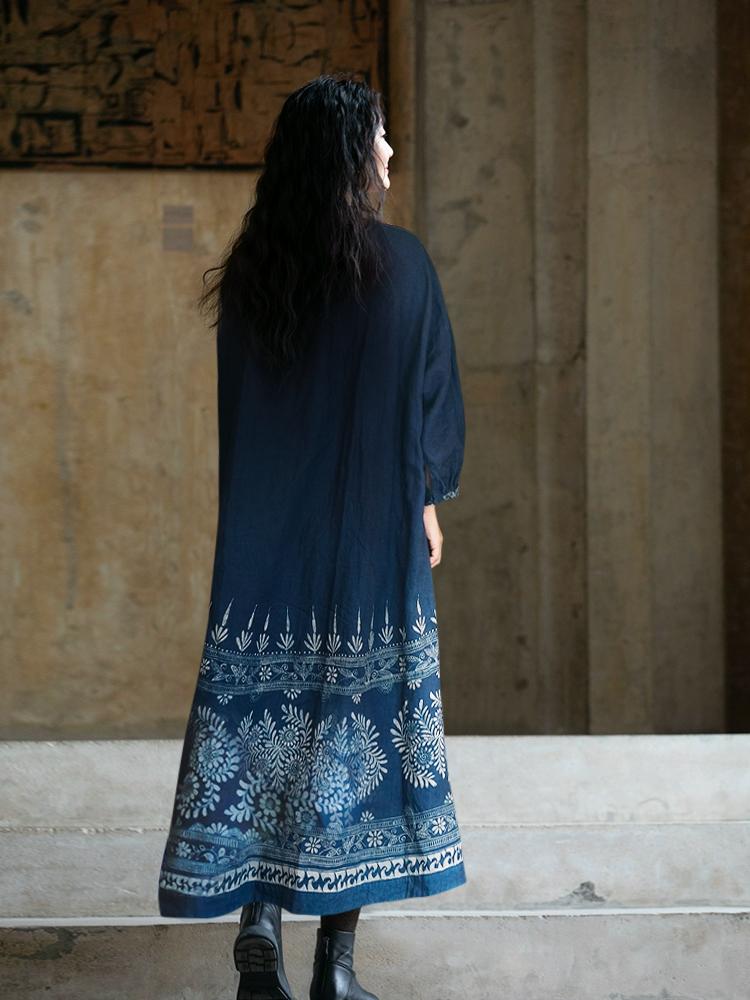 草木染蓝染原创蜡画纯亚麻长裙宽松袍子连衣裙 - 图1