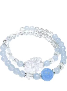 蓝色梦想海蓝宝双圈手串清新白水晶手链女高级感天然白水晶醒狮