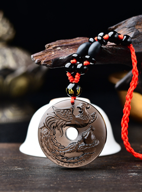 黑曜石龙凤平安扣项链女凤凰吊坠