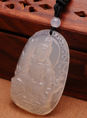 天然白色生肖兔玉髓文殊菩萨吊坠