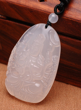 天然白色生肖鼠玉髓千手观音吊坠