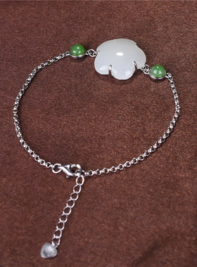 S925银镶玉天然新疆和田玉碧玉手链蛋面手串纯银镶嵌女士手饰3132