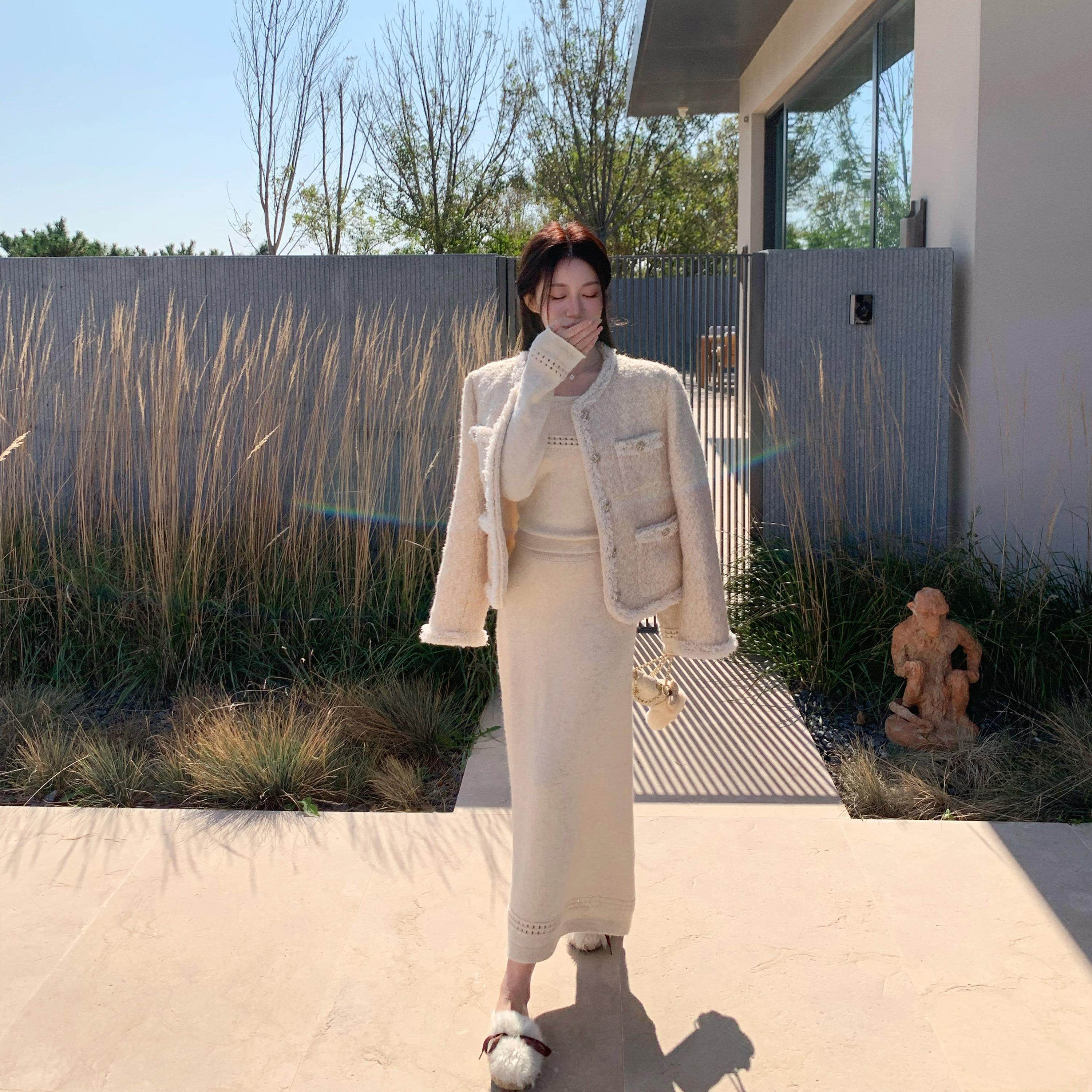 萌萌Ja 月光假日 轻奢温柔修身镂空针织套装米色长袖上衣直筒长裙,淘宝优惠券,粉丝福利购,淘宝优惠卷