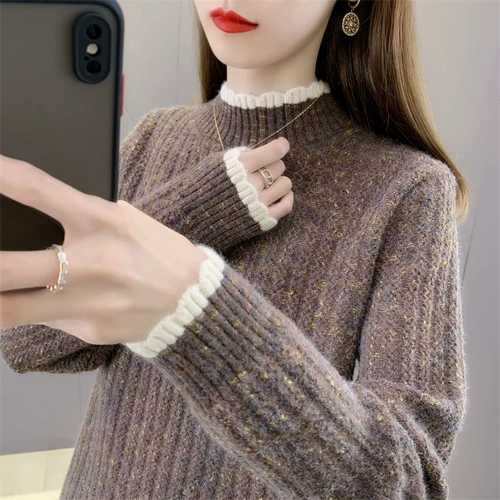 Демисезонный трикотажный свитер, свободный крой, высокий воротник, в западном стиле