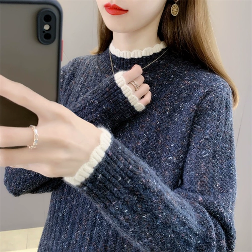 Демисезонный трикотажный свитер, свободный крой, высокий воротник, в западном стиле