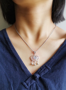 925银玉髓复古风福如意平安锁吊坠小众设计项链女毛衣链福灵宝玉