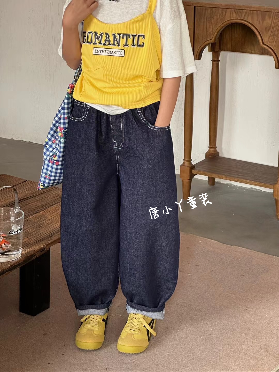 中大童原色蓝弯刀牛仔裤腊肠狗直筒刺绣街舞大学生亲子休闲裤z - 图0