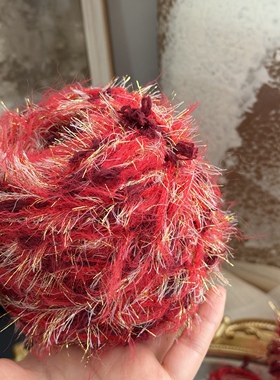 红色金丝混线烈焰酒红长毛线钩婚包新年红包diy手工编织发圈卡套
