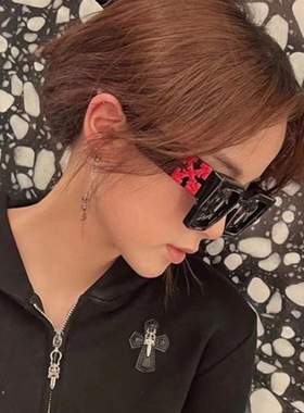 2025新款欧美X印花黑色墨镜夏季遮阳方形粗框眼镜女小众潮太阳镜